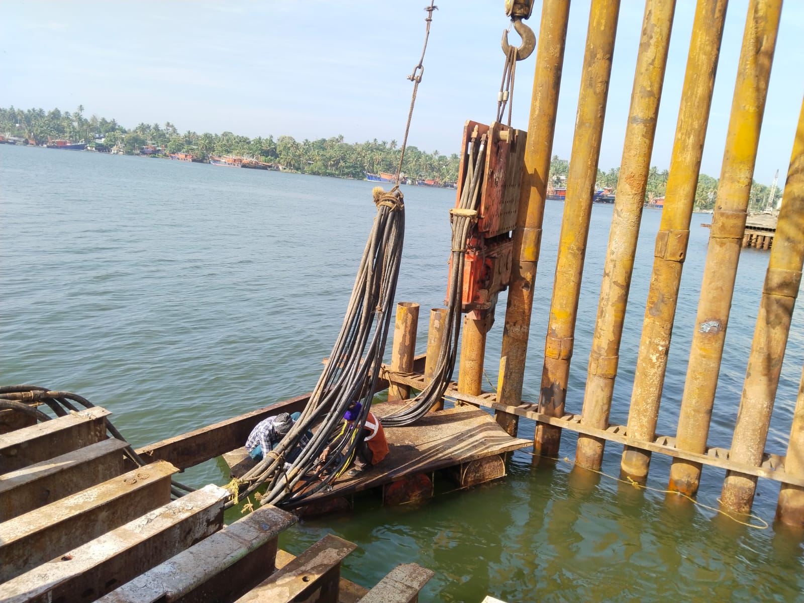 Marine pile driving construction